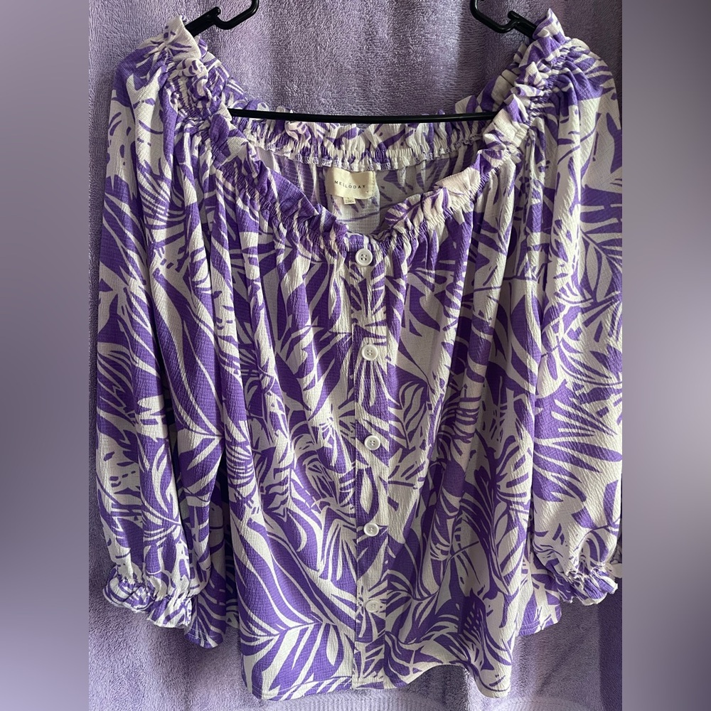 MELLODAY Purple Leaf Print Blouse